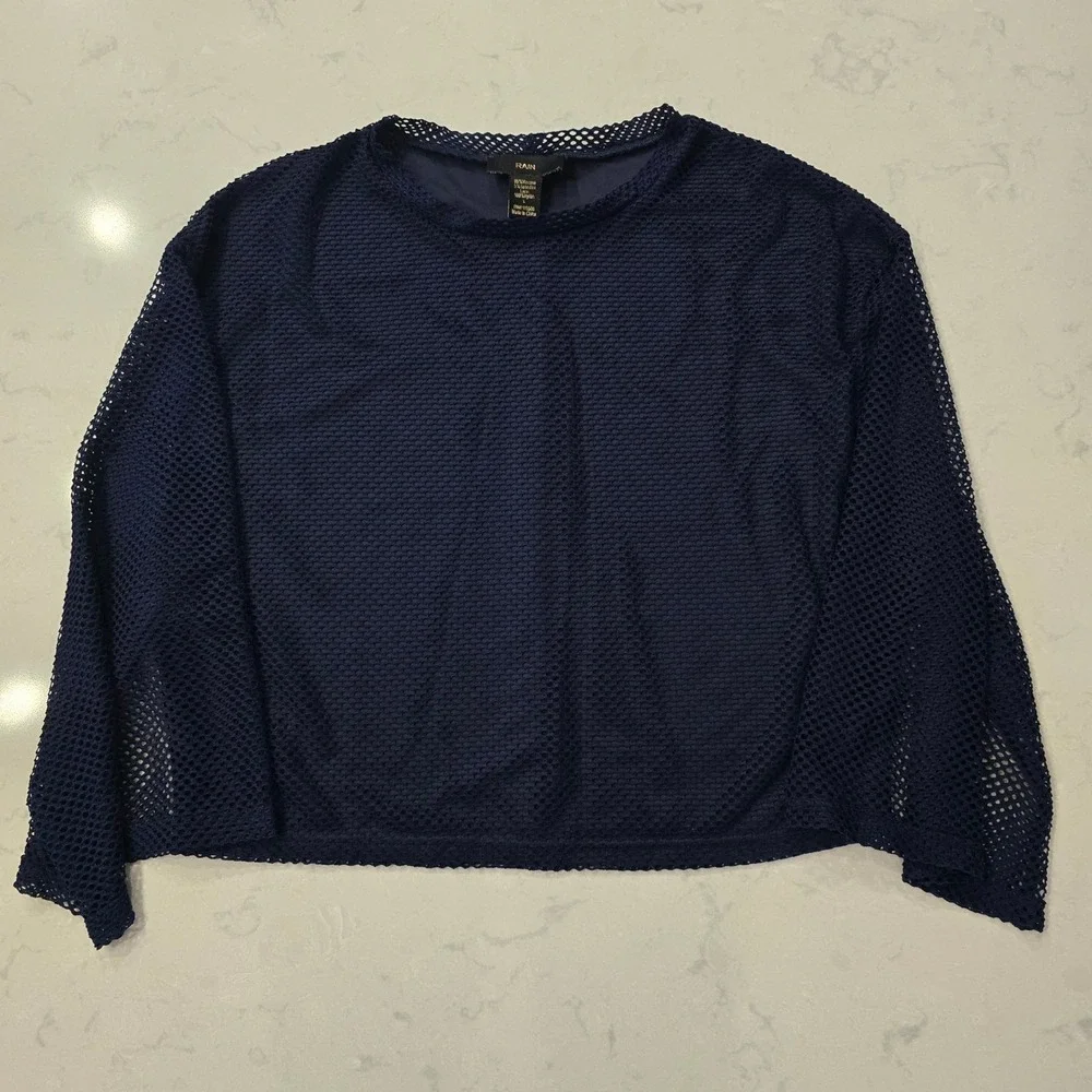 RAIN Navy Blue Mesh Lace Overlay Top Wide Bell Sleeve Crew Neck Size Large